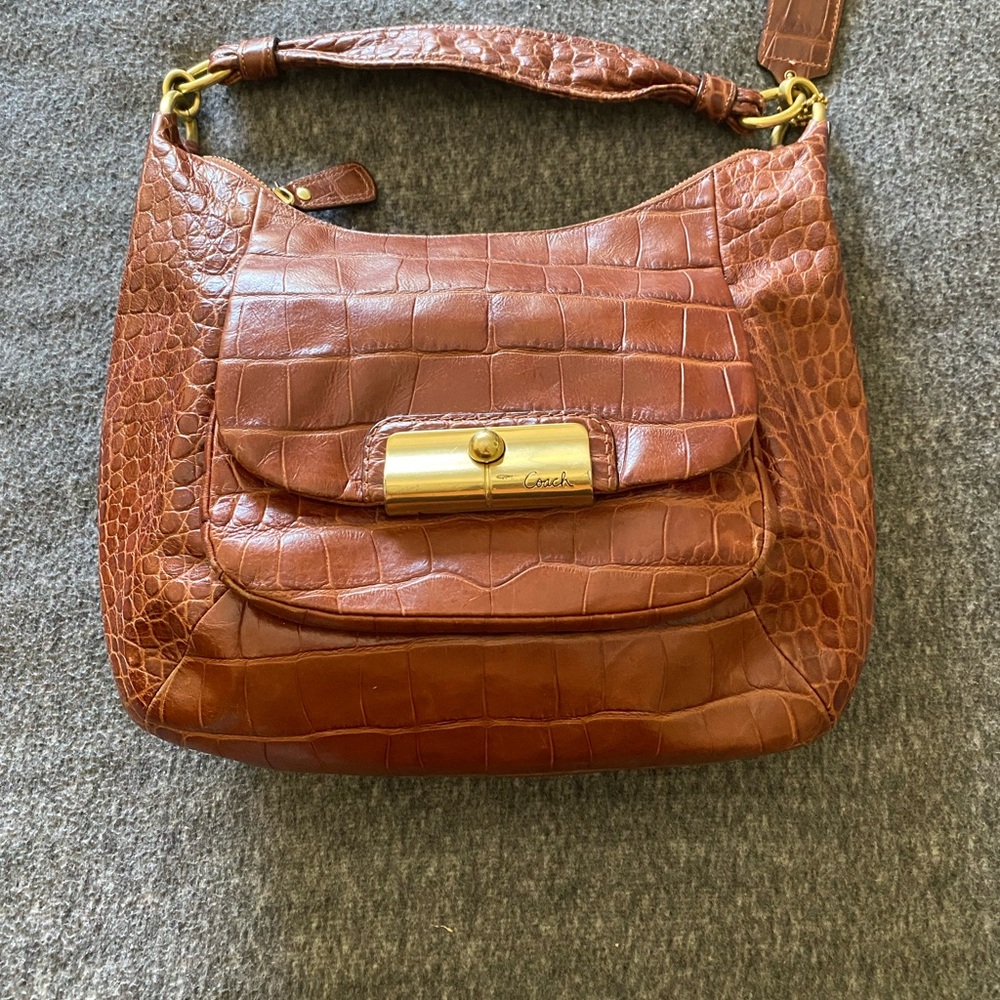 Coach Croc-Embossed  Cognac Tan Leather Hobo Shoulder Bag
